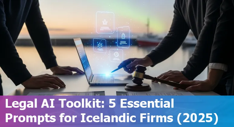 Legal professional using AI prompts on a laptop with an Icelandic courthouse and flag in the background.