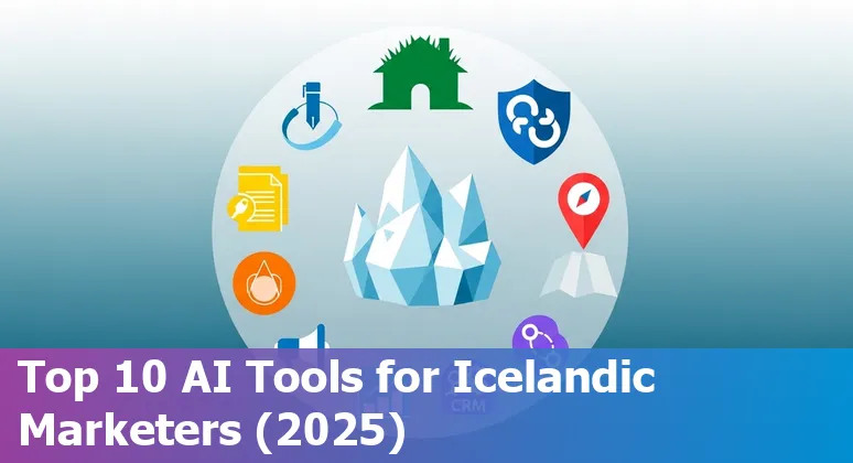 Illustration showing logos of HubSpot, Google Ads, Jasper, Synthesia, Brandwatch, SurferSEO, Cognism, Mailchimp, Hootsuite and quantilope over a map of Iceland