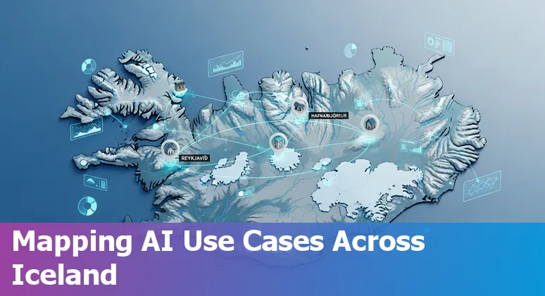Map of Iceland highlighting Reykjavík, Akureyri, Hafnarfjörður, and Ísafjörður with AI icons for real estate applications.