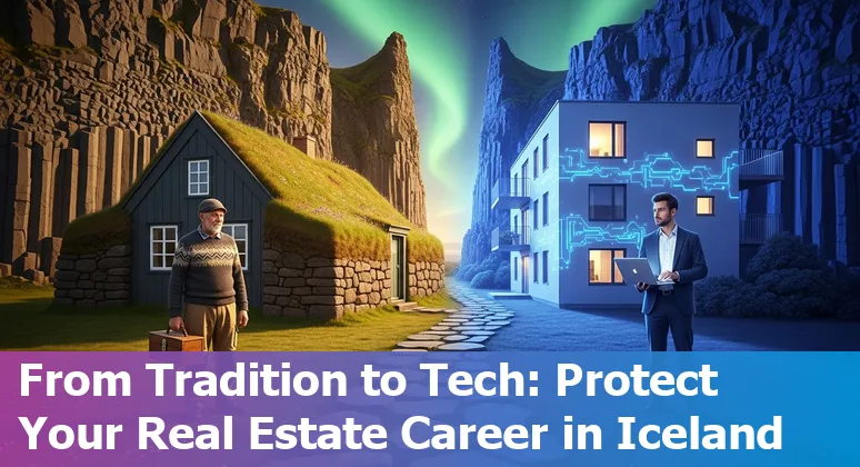 Laptop showing a Reykjavík property listing with AI icons overlay and Icelandic mountains in the background
