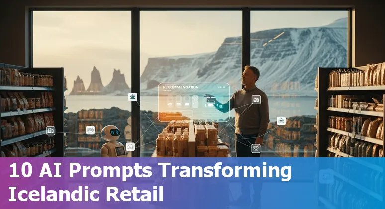Reykjavík retail storefront with icons for AI prompts: chatbot, inventory graph, product labels, and analytics dashboard.