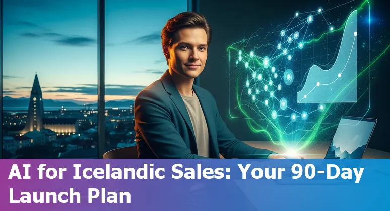 Sales professional using AI tools on laptop with an Iceland map in the background, 2025