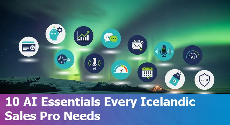 Collage of AI sales tool logos over a map of Iceland with salespeople using laptops