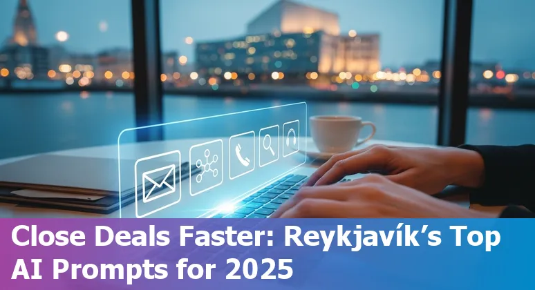 Sales professional in Reykjavík using AI prompts on a laptop with Icelandic skyline visible through window