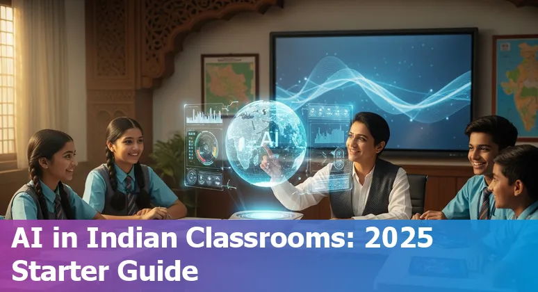 Illustration of AI in Indian education 2025 with students, teachers and EdTech icons in India