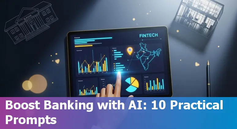 Illustration of AI use cases in Indian financial services: chatbots, fraud detection, credit scoring, trading, compliance icons.
