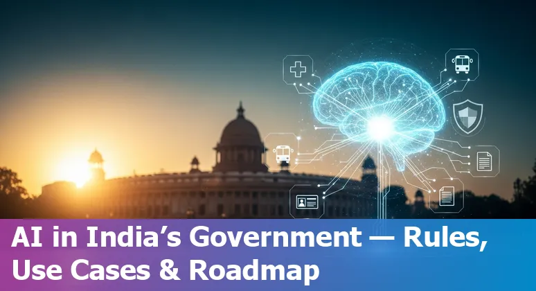 Illustration of AI in government services in India 2025 with policy and technology icons in India