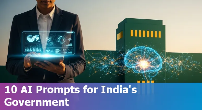 Icons showing AI applications for Indian government: policy, chatbots, fraud detection, traffic, health, policing, contracts, grievances, cybersecurity, disaster response