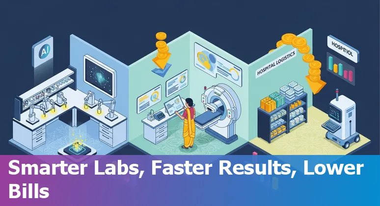 Illustration of AI transforming healthcare workflows in India with diagnostics, telemedicine, and hospital operations in India