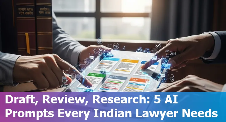 Indian lawyer using AI prompts on a laptop with contract documents and a security shield icon