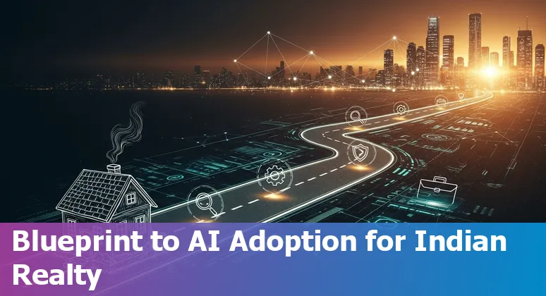 AI tools and Indian real estate skyline, illustration showing AI-driven property search and virtual tours in India 2025