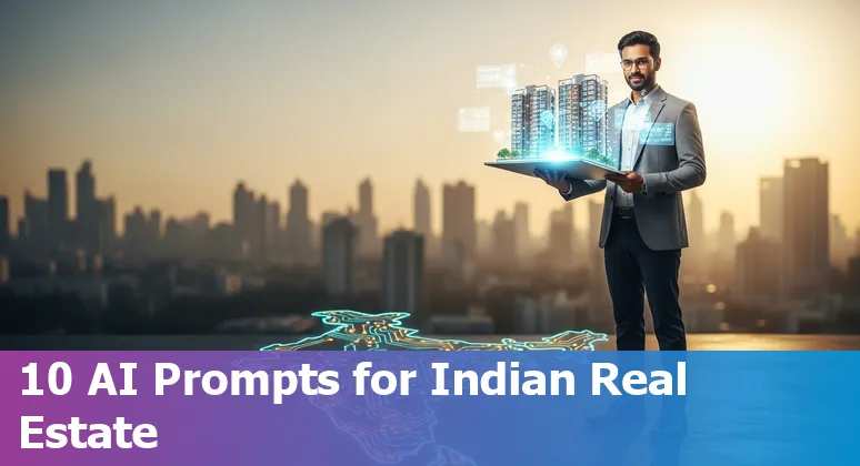 Agent using AI-generated property listing on a laptop with Indian city skyline in background