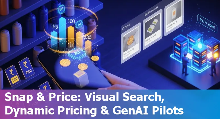 Illustration of AI-powered retail in India showing WhatsApp chat, inventory charts, visual search and Diwali shopping