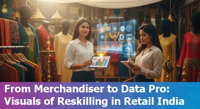 Retail worker at a self-checkout kiosk with AI tools symbolizing jobs at risk in India