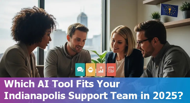 Customer service professional in Indianapolis using AI chatbots and help desk tools on a laptop with city skyline.