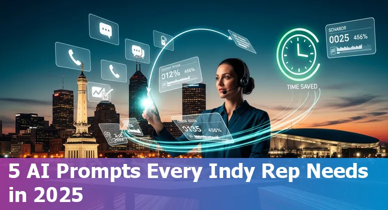 Customer service agent in Indianapolis using AI prompts on a laptop with city skyline in background