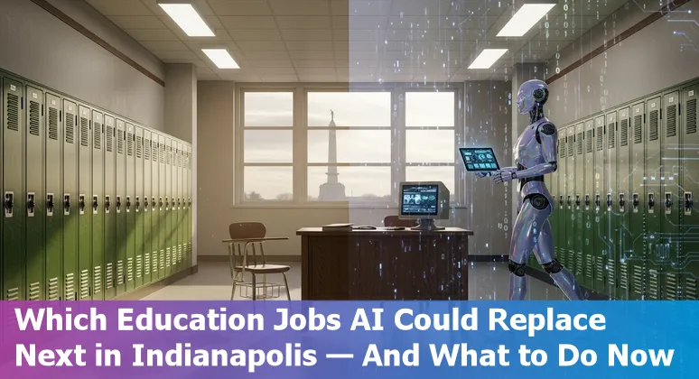 Indianapolis educators discussing AI impact on classroom jobs with a backdrop of the Indianapolis skyline.