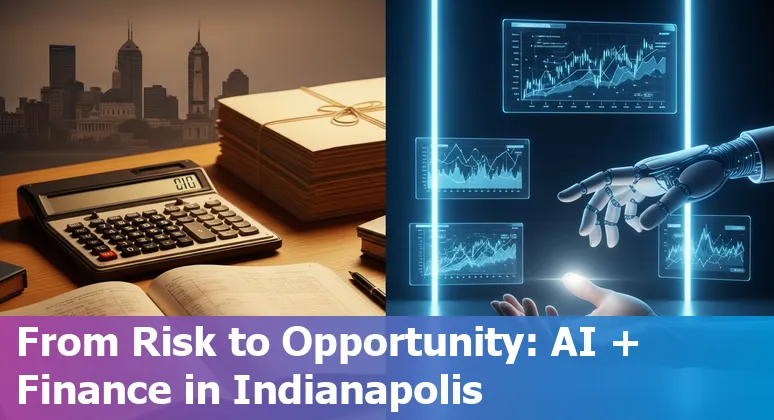 Finance professional using AI tools in an Indianapolis, Indiana office with city skyline visible