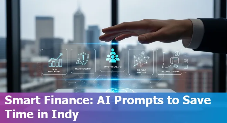 Finance professional in Indianapolis using AI on a laptop with the city skyline in the background