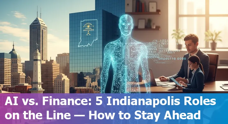 Indianapolis skyline with finance icons and AI circuit overlay representing AI disruption in financial services jobs.
