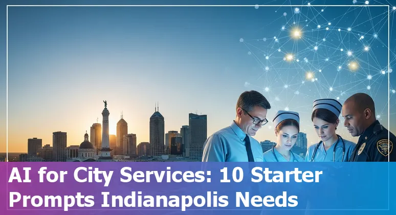 Illustration of Indianapolis city hall with AI icons representing public services, health, security, and data governance.