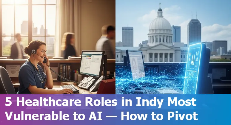 Healthcare worker consulting AI dashboard with Indianapolis skyline in background
