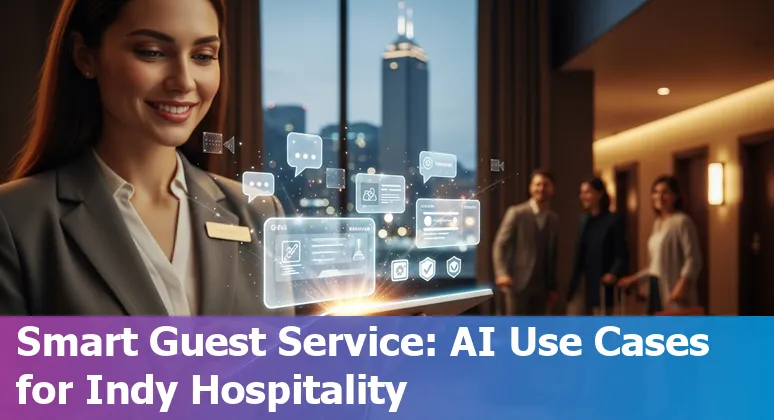 Hotel concierge using AI-generated Indianapolis itinerary on a tablet, with Indy skyline in background.