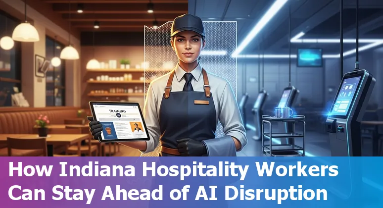 Hotel front desk with a human and AI kiosk in Indianapolis hotel lobby, showing staff adapting to AI tools