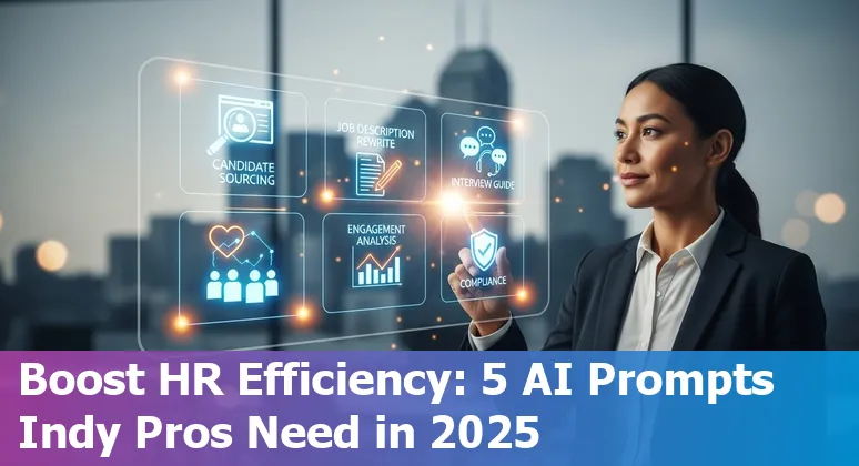 Indianapolis HR professional using AI prompts on laptop with city skyline in background