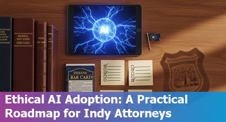 Indianapolis, IN lawyer using AI tools on a laptop with Indianapolis skyline in the background