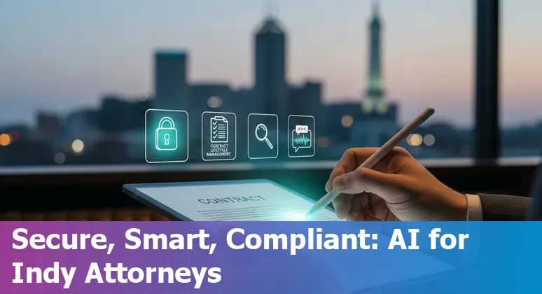 Illustration of Indianapolis skyline with icons for legal AI tools like Lexis+ AI, Westlaw Edge, Relativity and ChatGPT