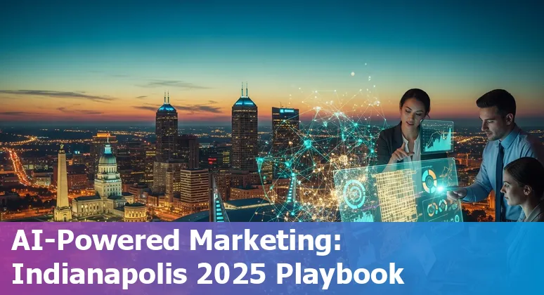 Marketing professional using AI tools in an Indianapolis, Indiana office with city skyline visible