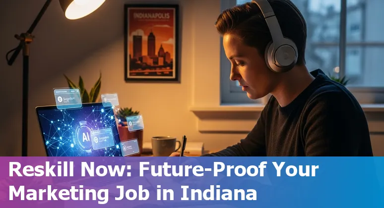 Indianapolis, Indiana marketer using AI tools on a laptop in 2025 — local skyline visible