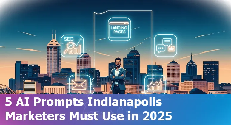 Marketing professional in Indianapolis using AI prompts on a laptop with Indianapolis skyline in background.