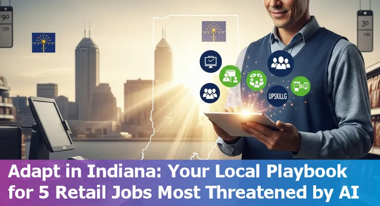 Retail workers in an Indianapolis store discussing AI tools beside a self-checkout kiosk.