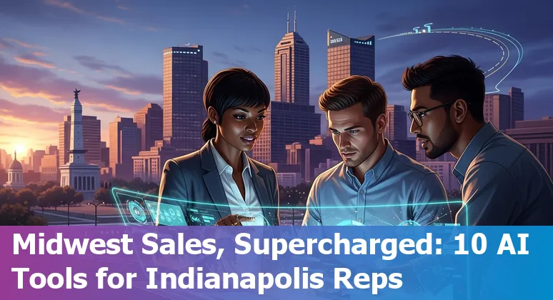 Indianapolis sales team using AI tools on laptops with city skyline in the background