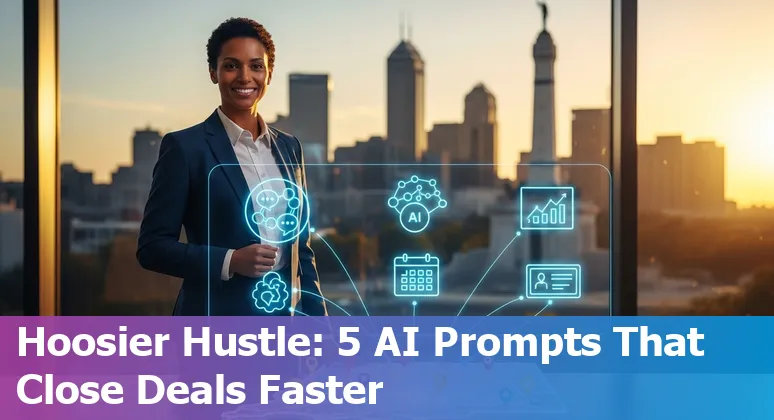 Sales professional in Indianapolis using AI tools (Apollo, HubSpot, Gong, Clari, Drift) on a laptop to craft outreach.