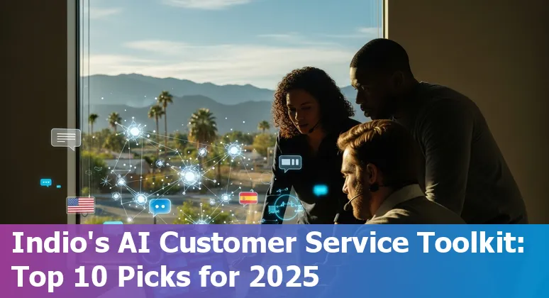 Customer service representative using AI chat and analytics tools on multiple screens in an Indio office.