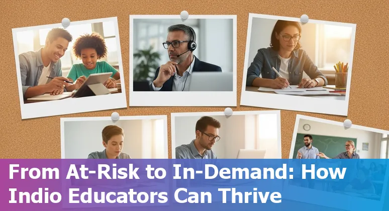 Teacher using AI tools with Indio city skyline and classroom in background