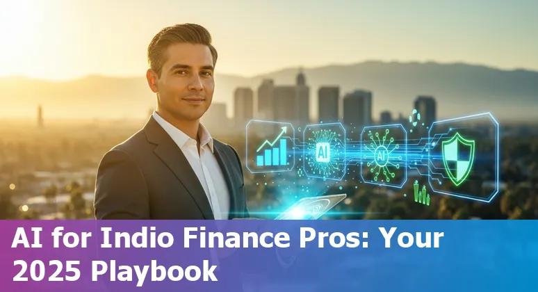 Finance professional using AI tools on a laptop in Indio, California skyline background, 2025