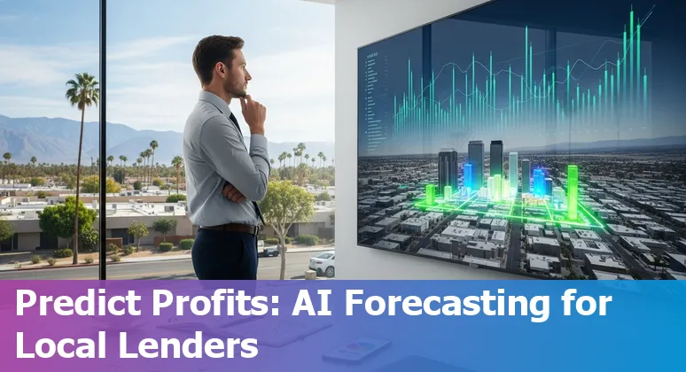 Financial services AI in Indio, California — chatbots, fraud detection dashboards, and Coachella festival background.