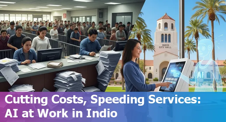 Illustration of AI improving local government services in Indio, California — traffic, customer service, and workforce training.