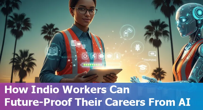 Indio cityhall clerk at a computer with AI icons overlay, showing jobs at risk and pathways to retrain.