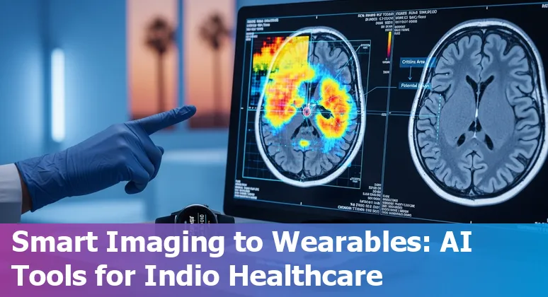 Healthcare worker using AI tools on a tablet next to medical imaging and a stethoscope in Indio clinic.