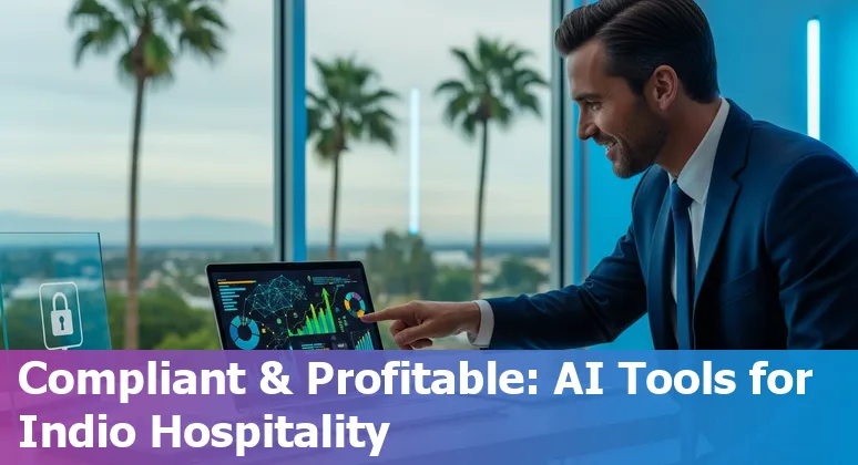 Hotel lobby AI concierge tablet showing guest info in Indio, California, US