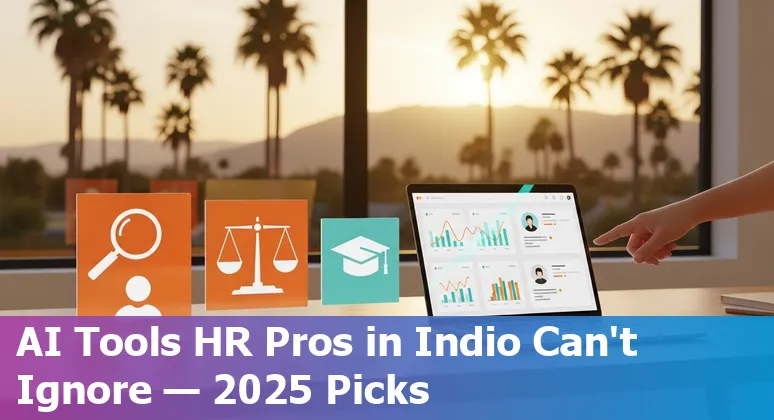 HR professional using AI tools dashboard with Paradox, Leena AI, Degreed and ChartHop logos, representing HR tech in Indio, California.