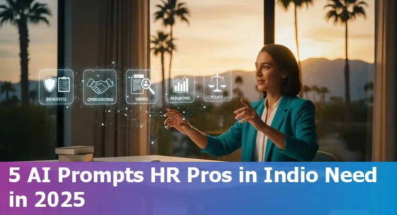 HR professional using AI prompts on a laptop with Indio, California map and HR icons in the background
