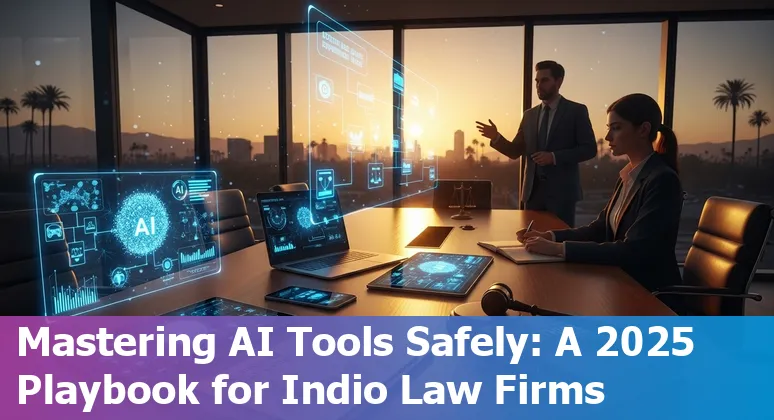 Indio, California lawyer using AI-assisted legal research on a laptop with city landmarks visible in the background