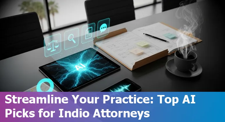 Top 10 AI tools for legal professionals in Indio, California — icons of Casetext, ChatGPT, Relativity, Lex Machina, Everlaw and others.