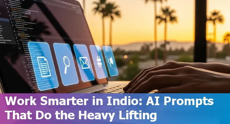 Marketing professional in Indio, California using AI tools on a laptop with local landmarks in the background